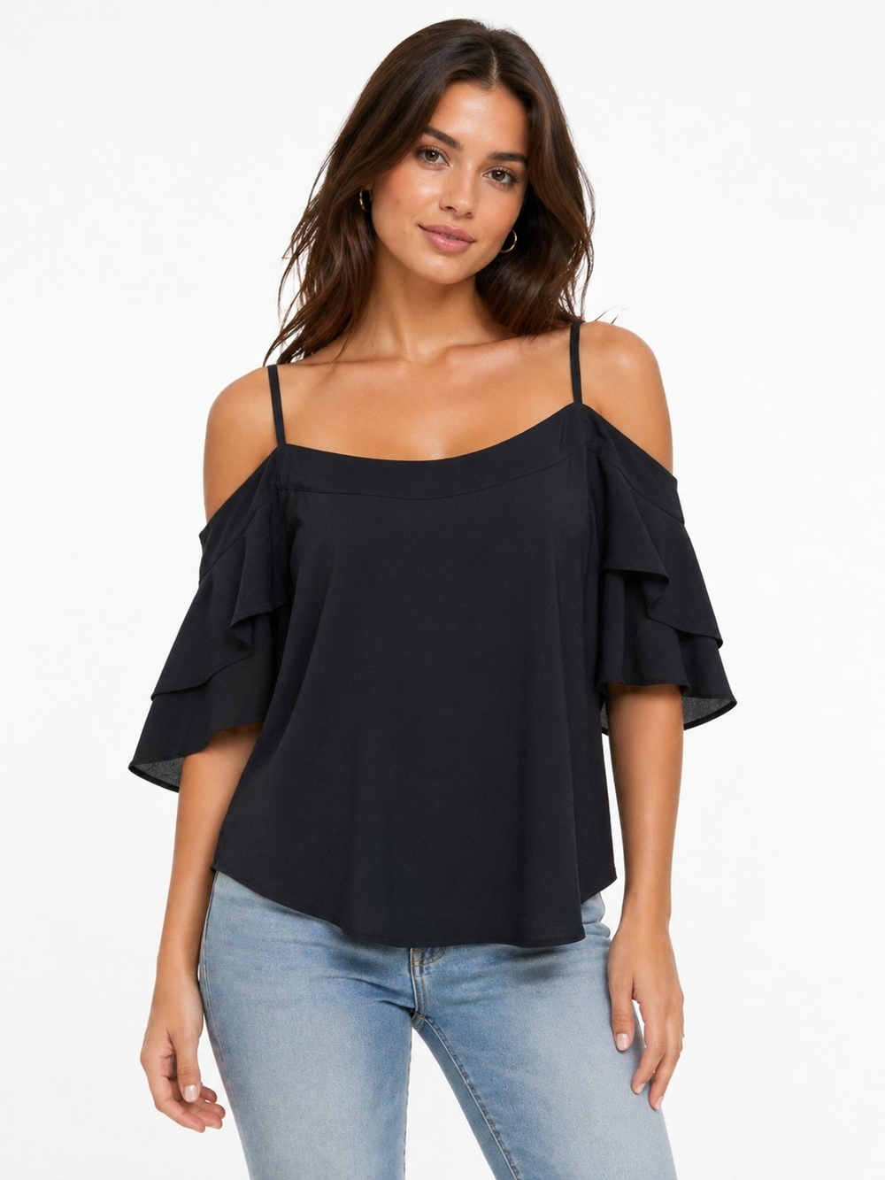 New York & Company Black Cold-Shoulder Ruffle Top with Spaghetti Straps
